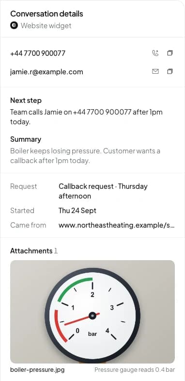 Conversation details with contact information, the next step and the customer’s boiler photo