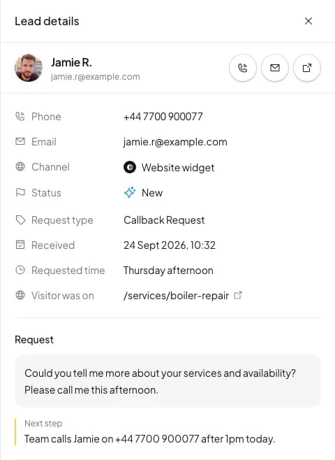 A selected lead with contact details, request status, preferred time and next step